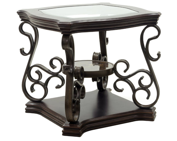 English Elm End Table Two Tier Tempered Glass Top Marble Shelf Powder Coated Metal Legs Modern W48720761