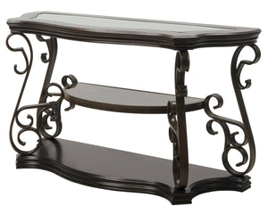 English Elm Sofa Table with Beveled Glass Top Scrollwork Metal Base and Marble Shelf Entryway Accent W48720762