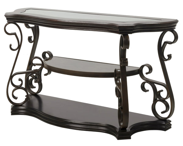 English Elm Sofa Table with Beveled Glass Top Scrollwork Metal Base and Marble Shelf Entryway Accent W48720762