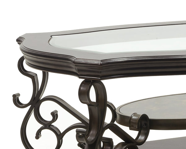 English Elm Cocktail Table Tempered Glass Top Marble Shelf Scrolled Metal Legs Living Room W48720760