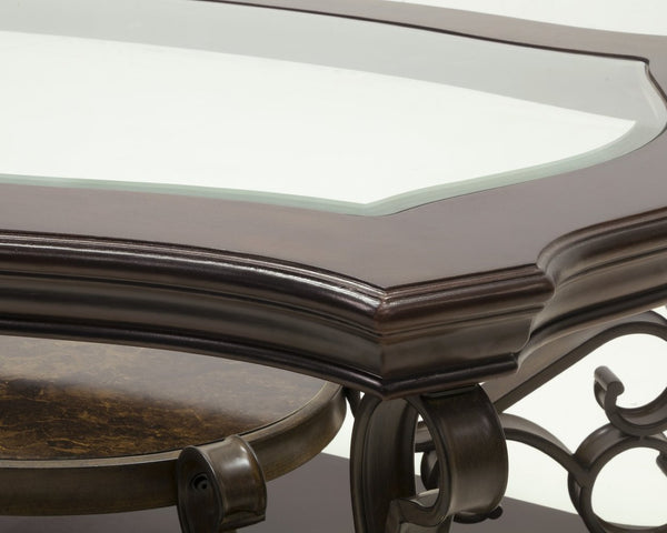 English Elm Cocktail Table Tempered Glass Top Marble Shelf Scrolled Metal Legs Living Room W48720760