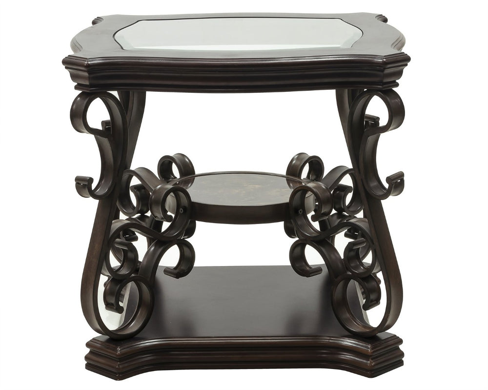 English Elm End Table Two Tier Tempered Glass Top Marble Shelf Powder Coated Metal Legs Modern W48720761