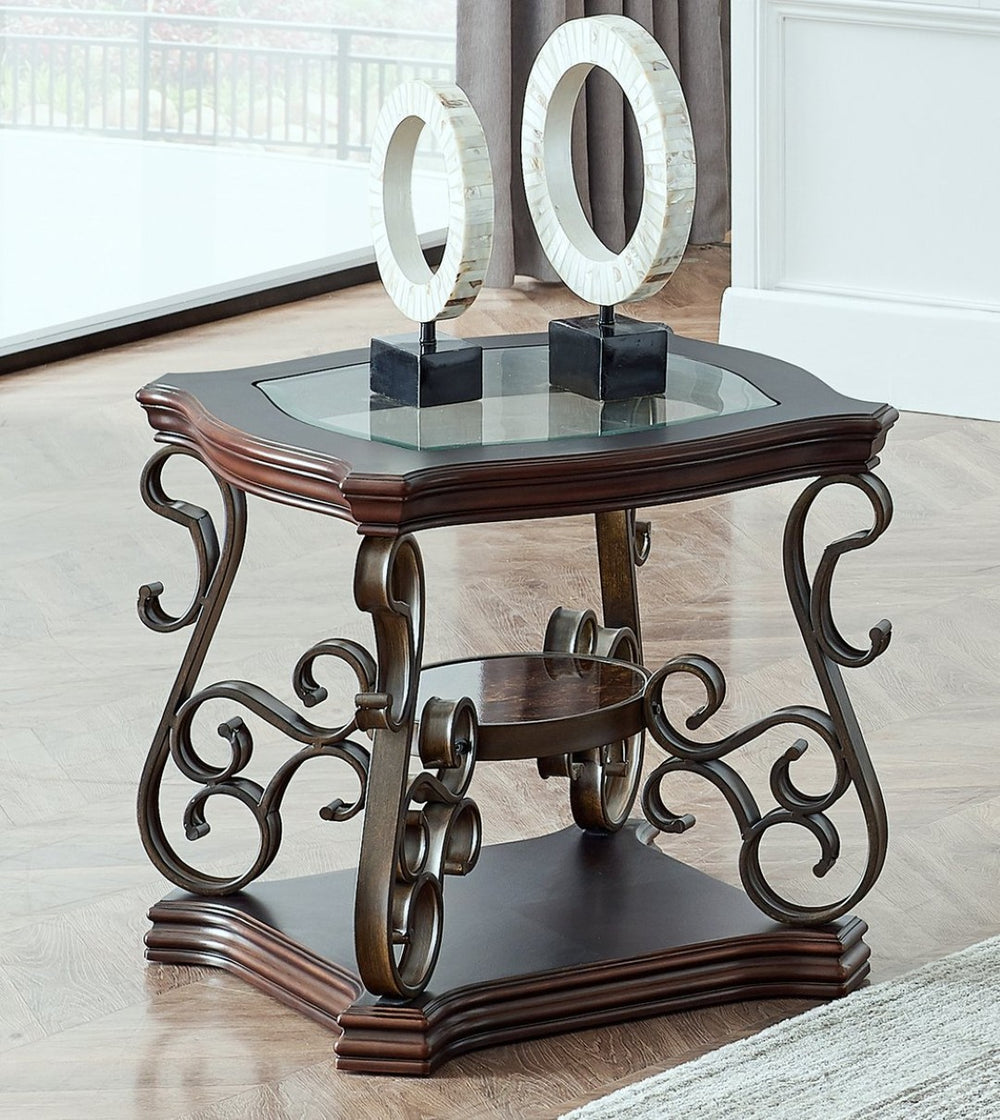 English Elm End Table Two Tier Tempered Glass Top Marble Shelf Powder Coated Metal Legs Modern W48720761