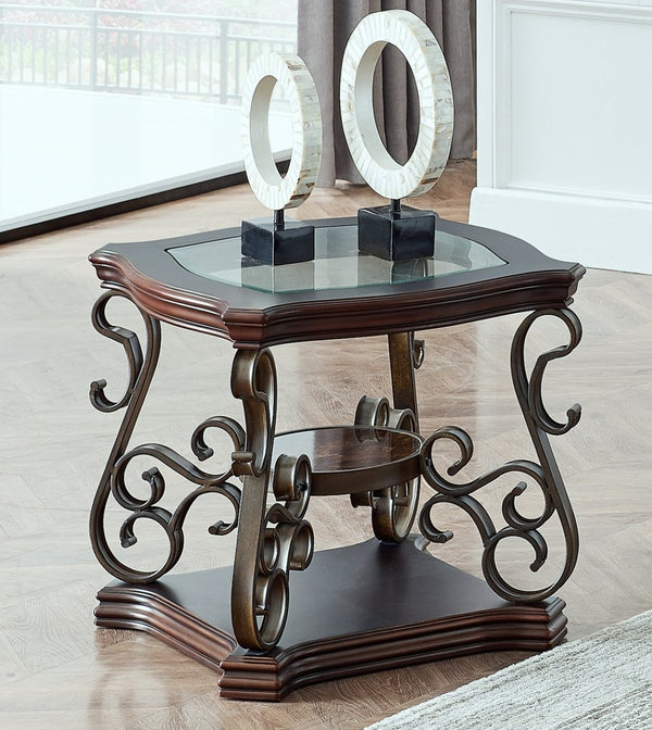 English Elm End Table Two Tier Tempered Glass Top Marble Shelf Powder Coated Metal Legs Modern W48720761