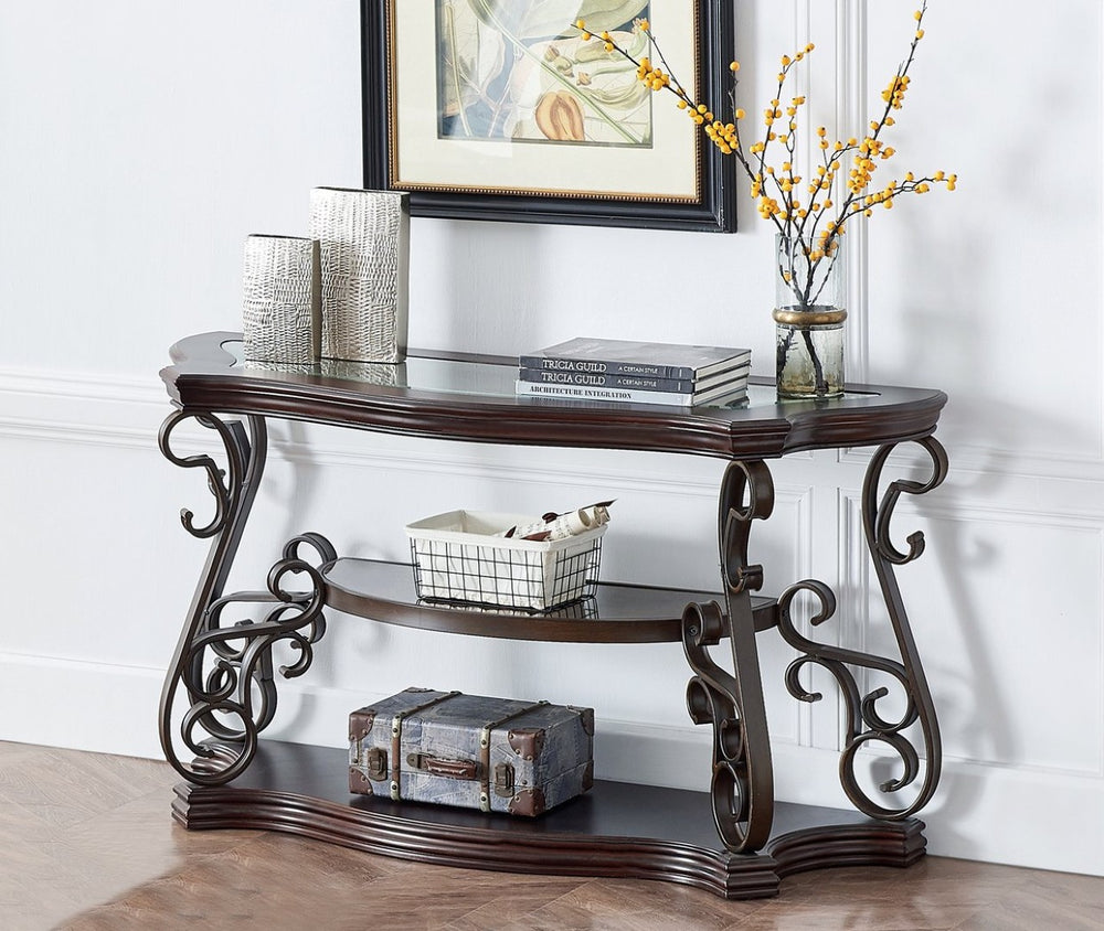 English Elm Sofa Table with Beveled Glass Top Scrollwork Metal Base and Marble Shelf Entryway Accent W48720762