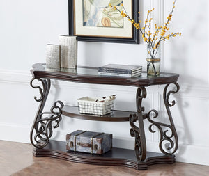 English Elm Sofa Table with Beveled Glass Top Scrollwork Metal Base and Marble Shelf Entryway Accent W48720762
