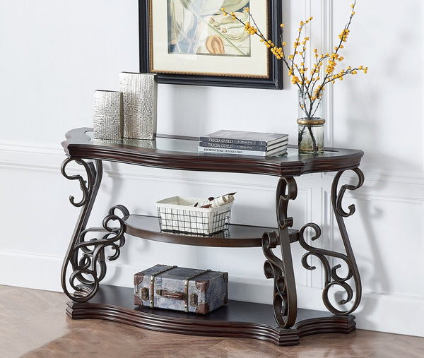 English Elm Sofa Table with Beveled Glass Top Scrollwork Metal Base and Marble Shelf Entryway Accent W48720762