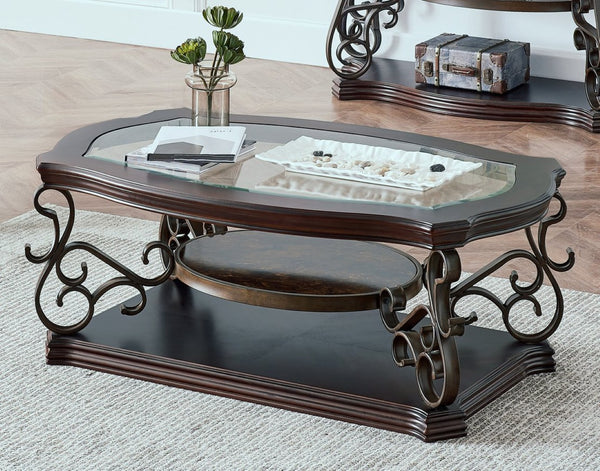English Elm Cocktail Table Tempered Glass Top Marble Shelf Scrolled Metal Legs Living Room W48720760