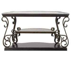 English Elm Sofa Table with Beveled Glass Top Scrollwork Metal Base and Marble Shelf Entryway Accent W48720762