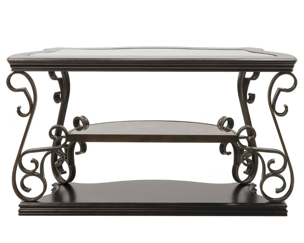 English Elm Sofa Table with Beveled Glass Top Scrollwork Metal Base and Marble Shelf Entryway Accent W48720762