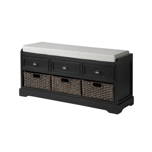 English Elm U_style Pinewood Entryway Bench with Drawers Baskets and Cushioned Seat for Mudroom Black WF323641AAB