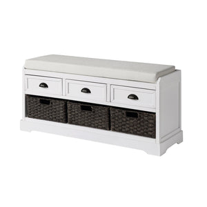 English Elm U_style Pinewood Entryway Bench with Drawers Baskets and Cushioned Seat for Mudroom White WF323641AAK
