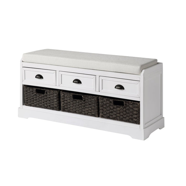English Elm U_style Pinewood Entryway Bench with Drawers Baskets and Cushioned Seat for Mudroom White WF323641AAK