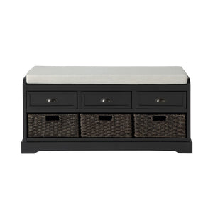English Elm U_style Pinewood Entryway Bench with Drawers Baskets and Cushioned Seat for Mudroom Black WF323641AAB