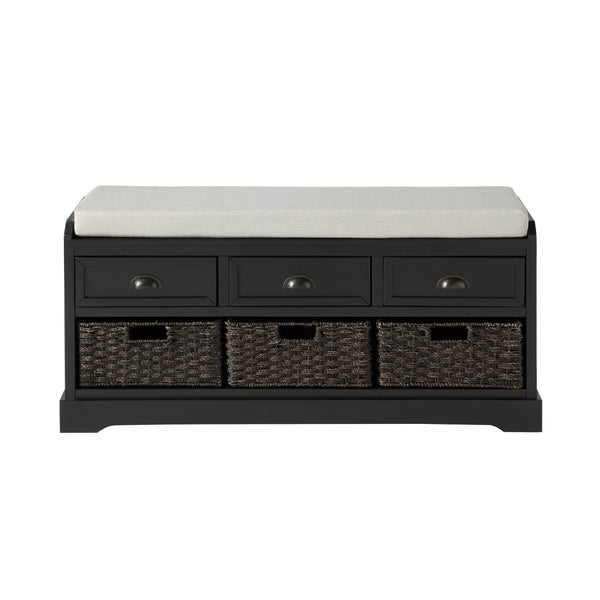 English Elm U_style Pinewood Entryway Bench with Drawers Baskets and Cushioned Seat for Mudroom Black WF323641AAB