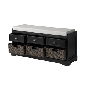 English Elm U_style Pinewood Entryway Bench with Drawers Baskets and Cushioned Seat for Mudroom Black WF323641AAB