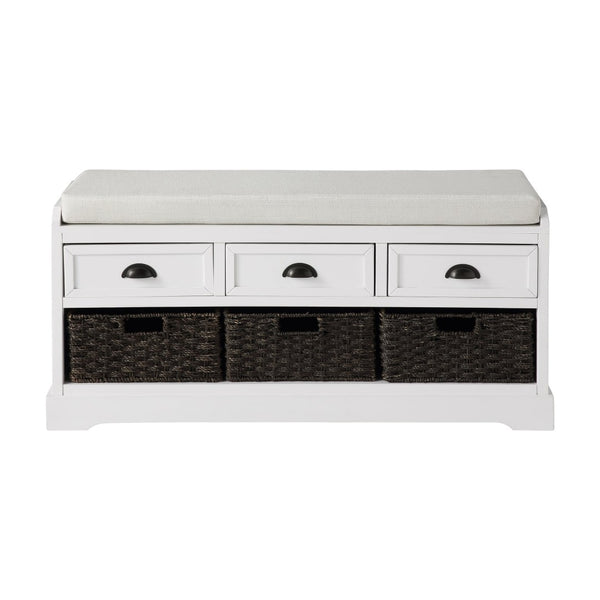 English Elm U_style Pinewood Entryway Bench with Drawers Baskets and Cushioned Seat for Mudroom White WF323641AAK