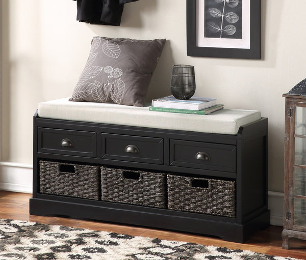 English Elm U_style Pinewood Entryway Bench with Drawers Baskets and Cushioned Seat for Mudroom Black WF323641AAB