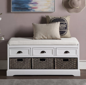 English Elm U_style Pinewood Entryway Bench with Drawers Baskets and Cushioned Seat for Mudroom White WF323641AAK