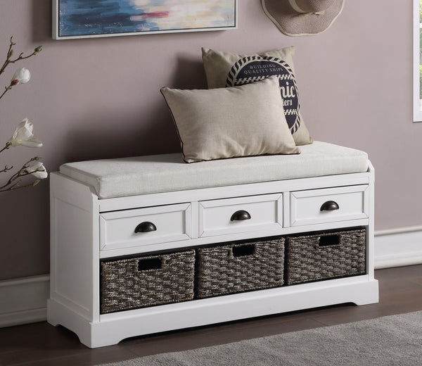English Elm U_style Pinewood Entryway Bench with Drawers Baskets and Cushioned Seat for Mudroom White WF323641AAK