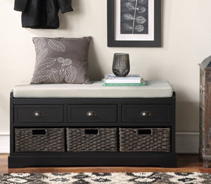 English Elm U_style Pinewood Entryway Bench with Drawers Baskets and Cushioned Seat for Mudroom Black WF323641AAB
