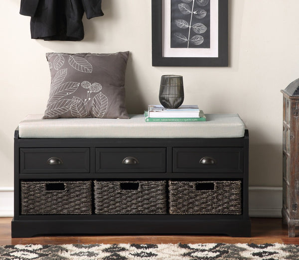 English Elm U_style Pinewood Entryway Bench with Drawers Baskets and Cushioned Seat for Mudroom Black WF323641AAB