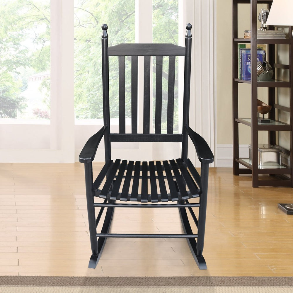English Elm Wooden Slatted Porch Rocking Chair Solid Poplar Black Painted Finish Outdoor Seat W49520606