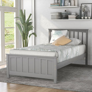 English Elm Wood Twin Platform Bed Pinewood Frame Headboard Footboard Slat Support Farmhouse Style Gray WF195377AAE