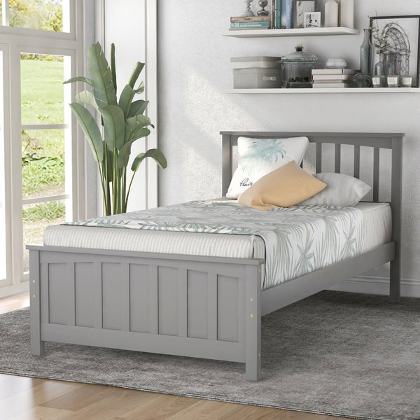 English Elm Wood Twin Platform Bed Pinewood Frame Headboard Footboard Slat Support Farmhouse Style Gray WF195377AAE