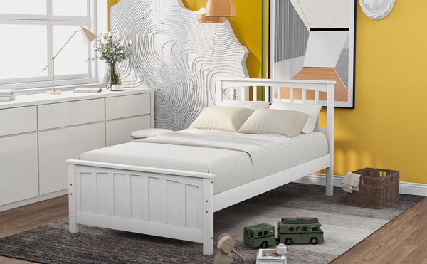 English Elm Wood Twin Platform Bed Pinewood Frame Headboard Footboard Slat Support Farmhouse Style White WF195377AAK