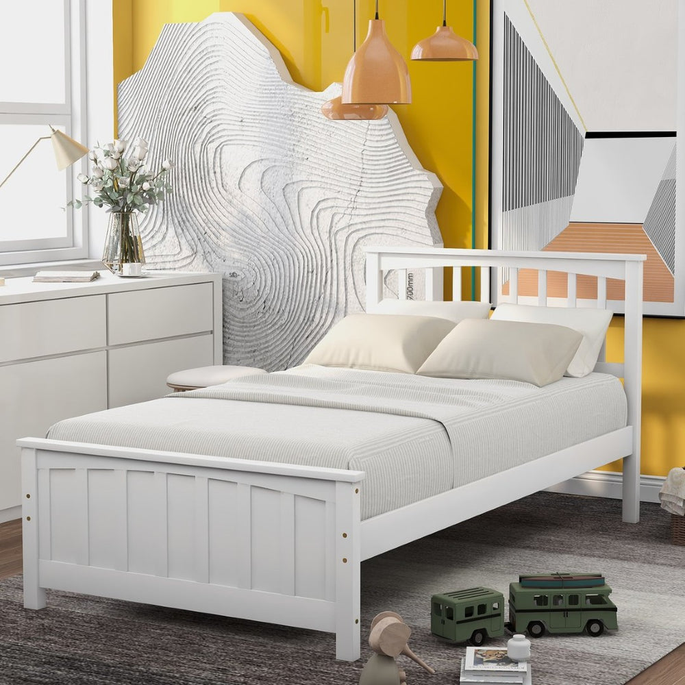 English Elm Wood Twin Platform Bed Pinewood Frame Headboard Footboard Slat Support Farmhouse Style White WF195377AAK