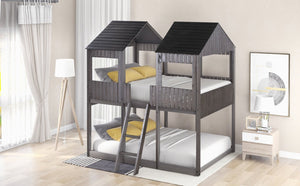 English Elm Full Over Playhouse Bunk Bed Pine Wood Pitched Roof Window Kids Bedroom LT000031AAE-1