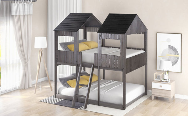 English Elm Full Over Playhouse Bunk Bed Pine Wood Pitched Roof Window Kids Bedroom LT000031AAE-1