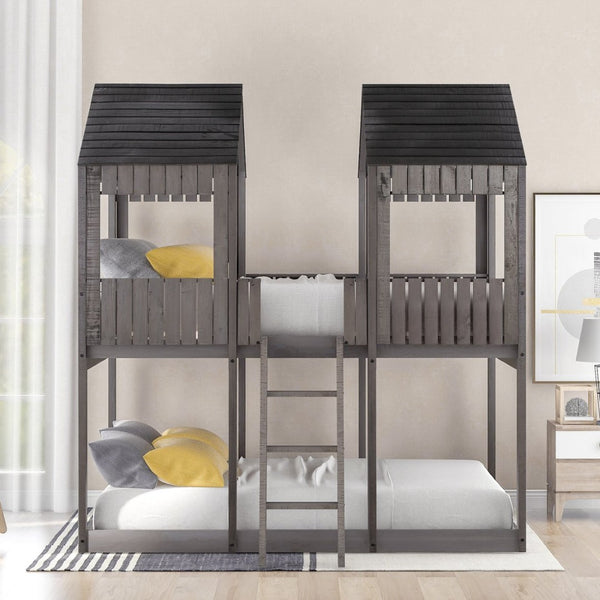 English Elm Full Over Playhouse Bunk Bed Pine Wood Pitched Roof Window Kids Bedroom LT000031AAE-1