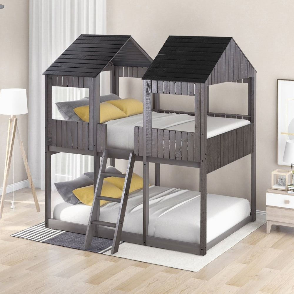 English Elm Full Over Playhouse Bunk Bed Pine Wood Pitched Roof Window Kids Bedroom LT000031AAE-1