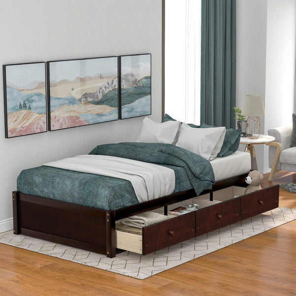 English Elm Twin Platform Storage Bed with 3 Under Frame Drawers Pine Wood Low Profile WF193634AAD