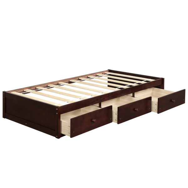 English Elm Twin Platform Storage Bed with 3 Under Frame Drawers Pine Wood Low Profile WF193634AAD