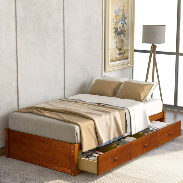 English Elm Twin Platform Storage Bed with 3 Under Frame Drawers Pine Wood Low Profile WF193634AAL