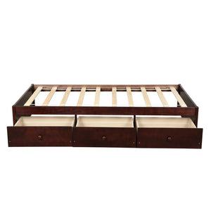 English Elm Twin Platform Storage Bed with 3 Under Frame Drawers Pine Wood Low Profile WF193634AAD