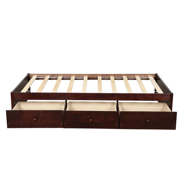 English Elm Twin Platform Storage Bed with 3 Under Frame Drawers Pine Wood Low Profile WF193634AAD