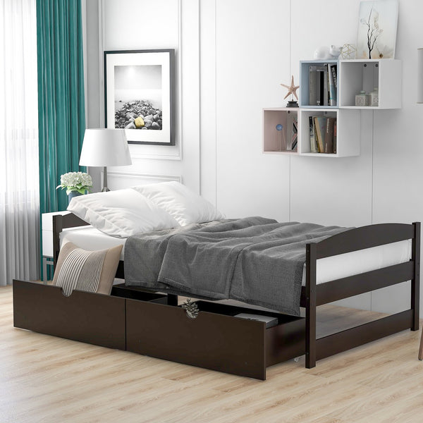 English Elm Twin platform bed with two under-bed storage drawers, durable pine & MDF frame, space-saving design Espresso WF195910AAP