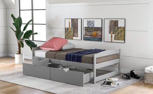 English Elm Twin platform bed with two under-bed storage drawers, durable pine & MDF frame, space-saving design Gray WF195910AAE