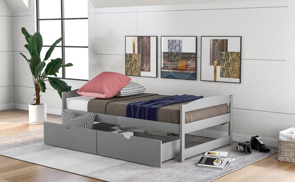 English Elm Twin platform bed with two under-bed storage drawers, durable pine & MDF frame, space-saving design Gray WF195910AAE