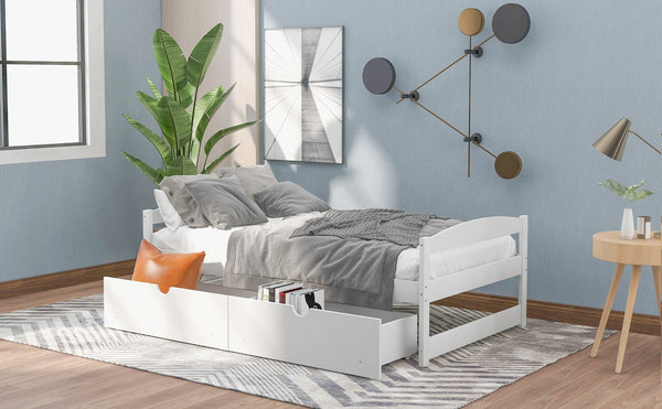 English Elm Twin platform bed with two under-bed storage drawers, durable pine & MDF frame, space-saving design White WF195910AAK