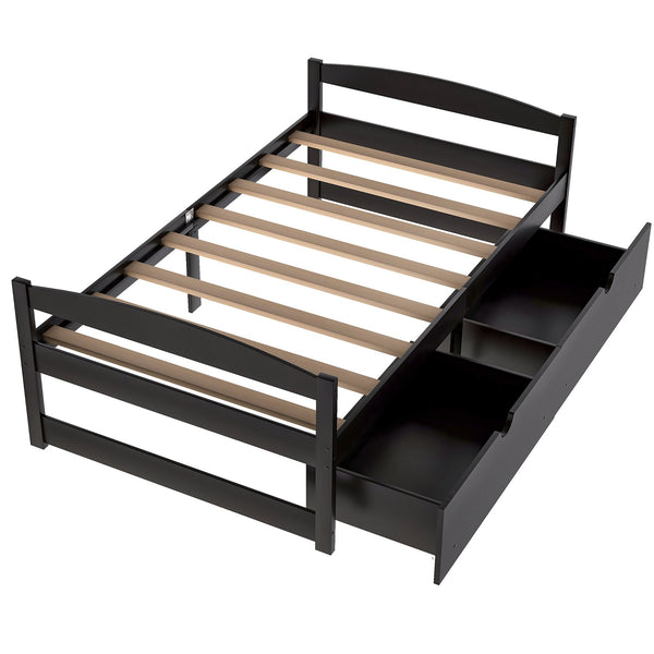English Elm Twin platform bed with two under-bed storage drawers, durable pine & MDF frame, space-saving design Espresso WF195910AAP