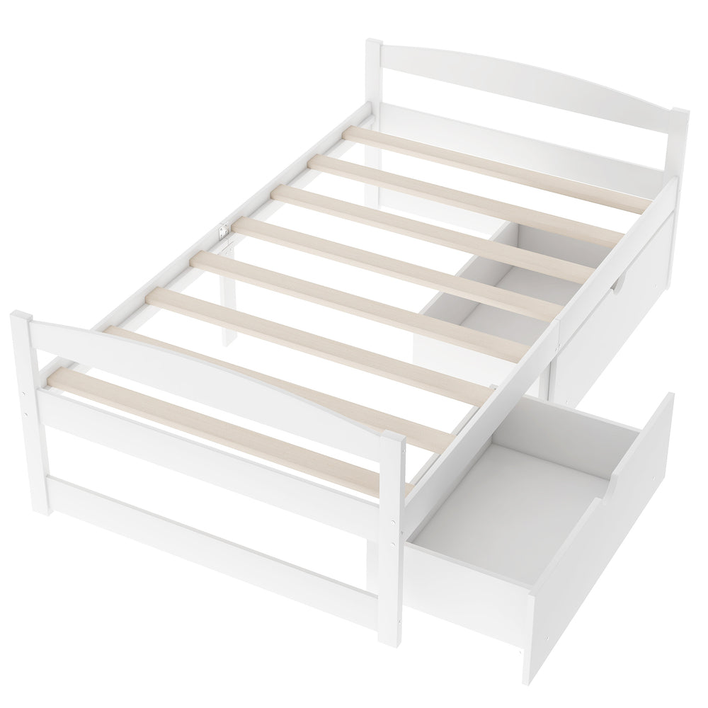 English Elm Twin platform bed with two under-bed storage drawers, durable pine & MDF frame, space-saving design White WF195910AAK