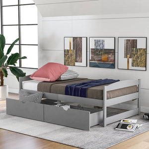 English Elm Twin platform bed with two under-bed storage drawers, durable pine & MDF frame, space-saving design Gray WF195910AAE