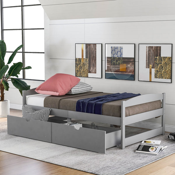 English Elm Twin platform bed with two under-bed storage drawers, durable pine & MDF frame, space-saving design Gray WF195910AAE