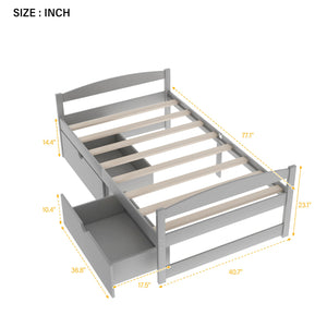 English Elm Twin platform bed with two under-bed storage drawers, durable pine & MDF frame, space-saving design Gray WF195910AAE