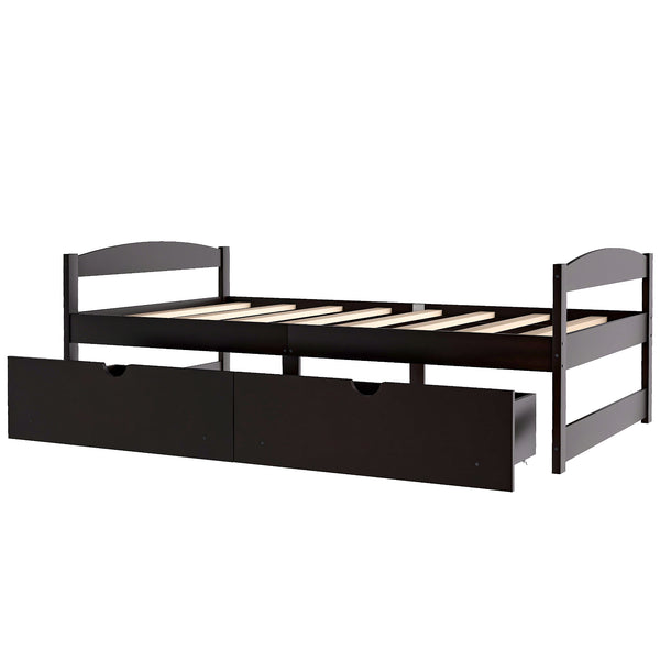 English Elm Twin platform bed with two under-bed storage drawers, durable pine & MDF frame, space-saving design Espresso WF195910AAP